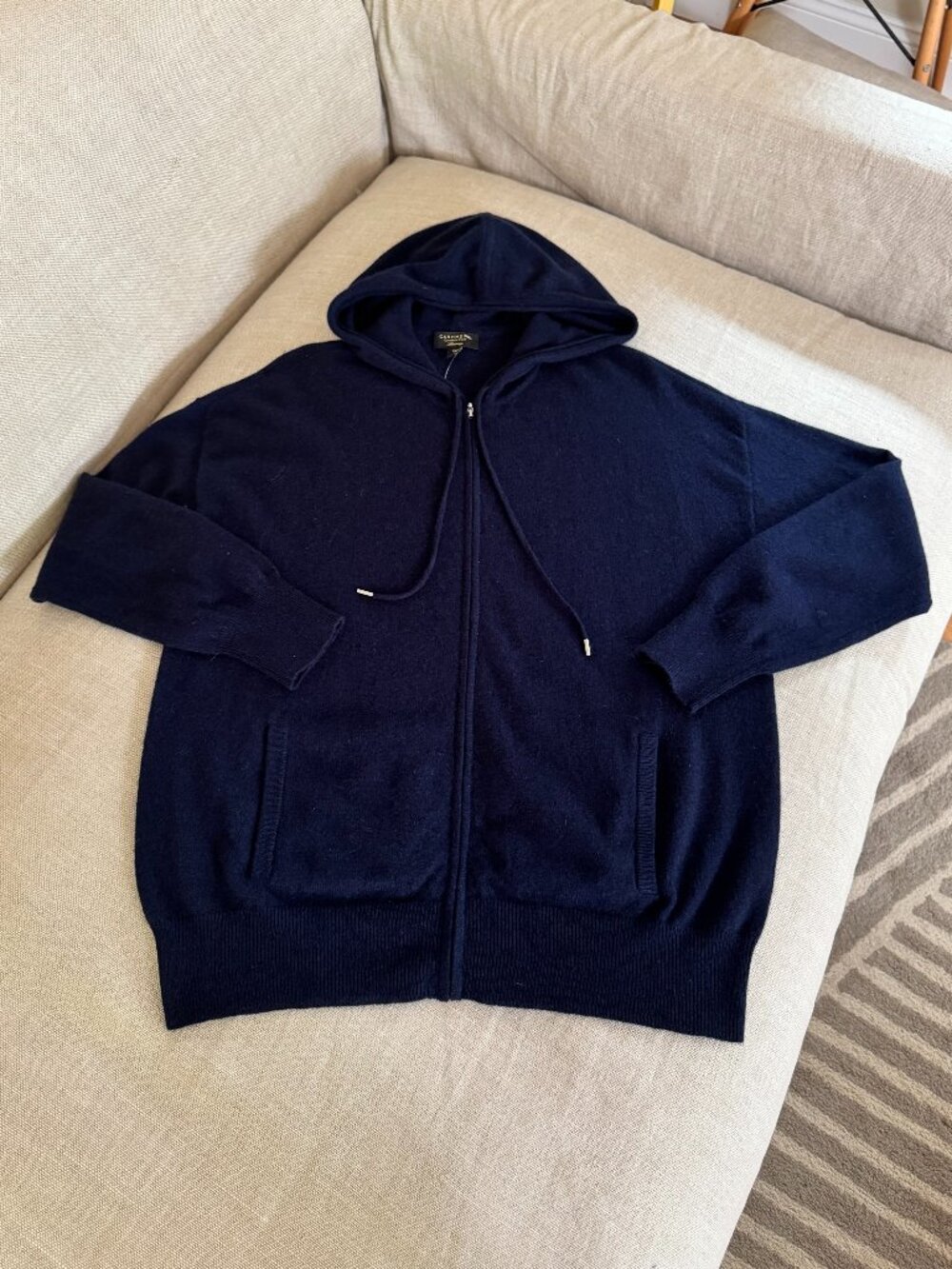 Charter Club 100% Pure Cashmere Full-Zip Hooded Sweater Navy Blue XL